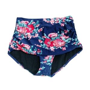 COCOSHIP Floral High-Waisted Bikini Bottom - Navy and Red